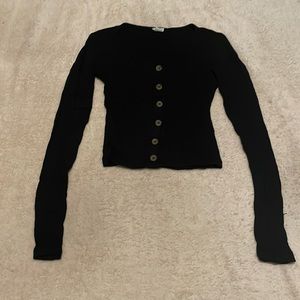 Black Scoop-Neck Ribbed Cropped Button-Up Long-Sleeved Top, Garage Size XS